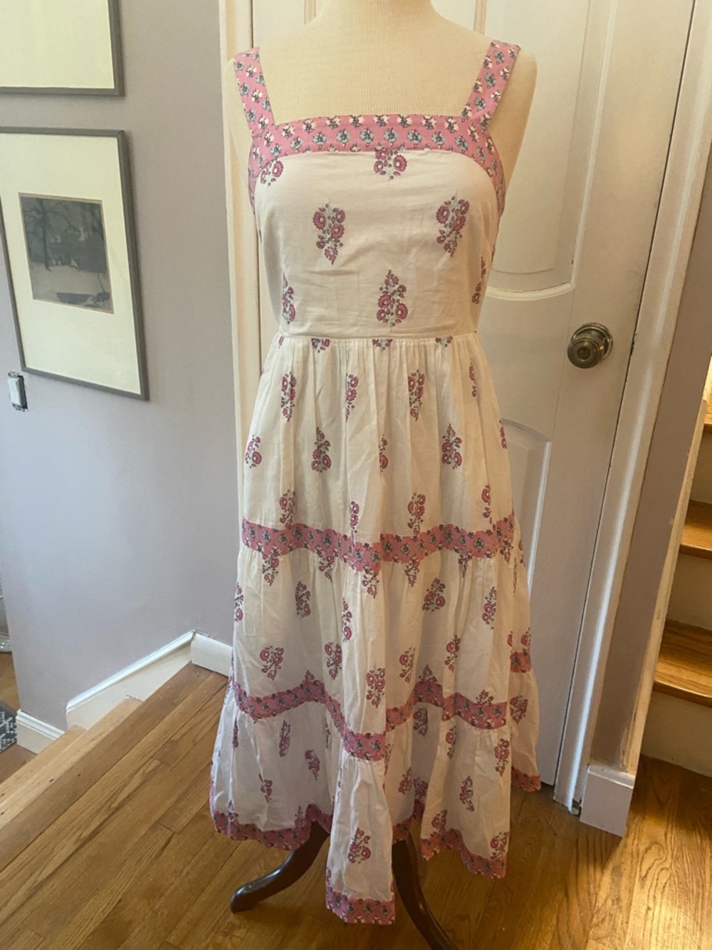 J. Crew White Maxi Dress with Pink Floral Trim